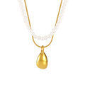 Gold Steel Teardrop Pendant Necklaces and White Shell Pearl Strand view 5