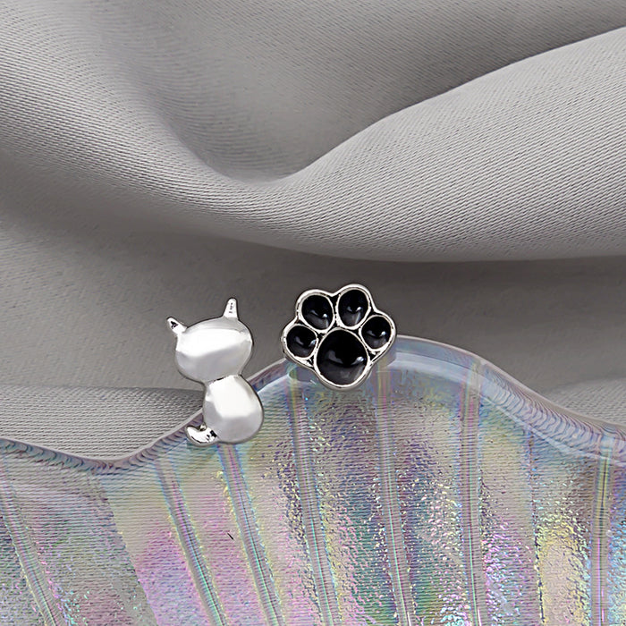 Silver Cat and Black Paw Print Mismatched Stud Earrings