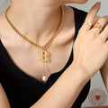 Letter B Cuban Chain Pearl Drop Necklace Gold Steel Tone view 3