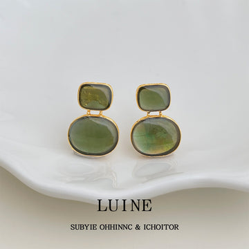 Gold Tone Square Top And Green Oval Shell Stud Earrings