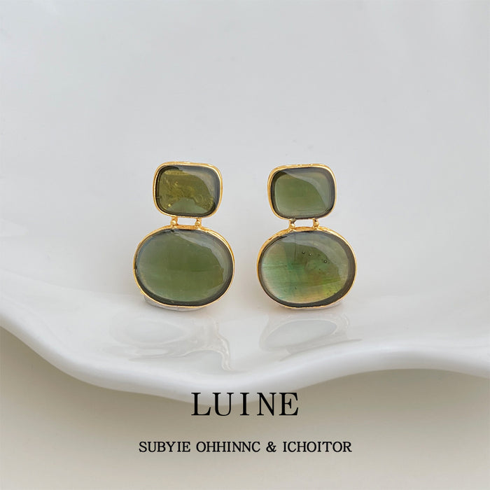 Gold Tone Square Top And Green Oval Shell Stud Earrings