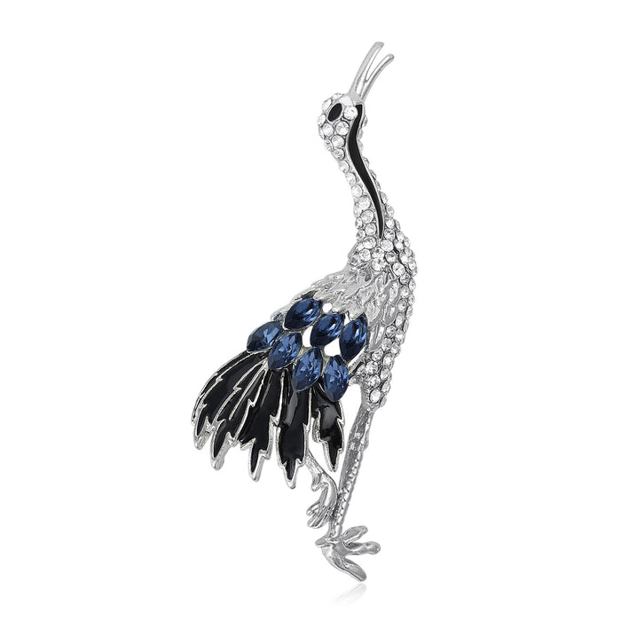 Colorful Long Leg Crane Brooch With Faceted Crystals And Polished Metal Details