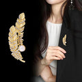 Gold Tone Feather Crystal Pearl Look Metal Brooch Pin view 3