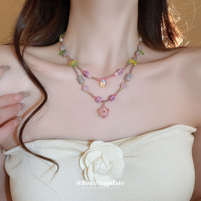 Pink Purple Glass Flower Double Layer Bead Necklace