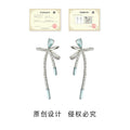 Silver Light Blue Teardrop Crystal Bow Long Drop Earrings view 3