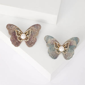 Fabric Wing Butterfly Brooch in Detailed Metal and Crystal Design