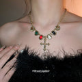 Gold Tone Multicolor Stone Cross Pendant Necklace With Polished Metal Details view 3