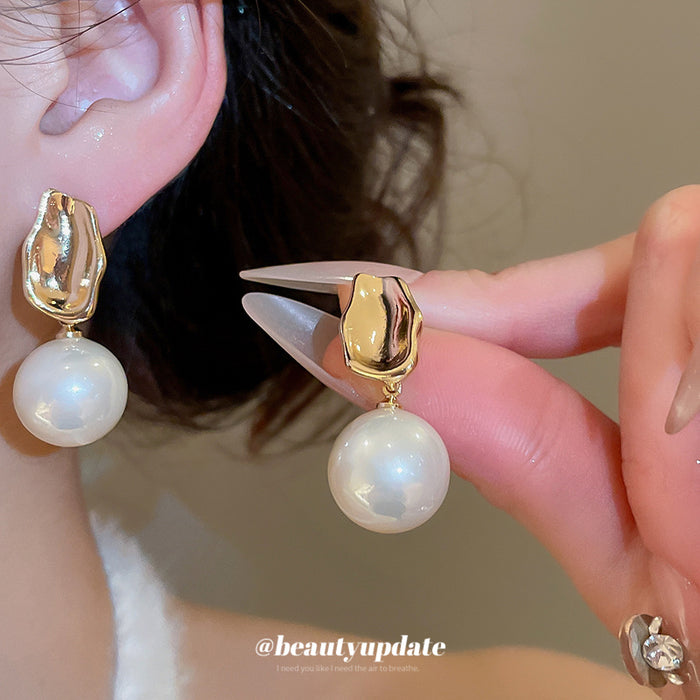 Gold Tone Rectangular Stud Earrings with White Pearls