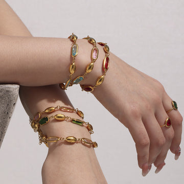 Gold Oval Czech Glass Station Bracelet Stainless Steel