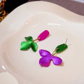 Green and Fuchsia Satin Look Flower Mismatched Earrings view 2