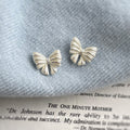 White Ribbed Silver Line Bow Stud Earrings Matching Pair view 3