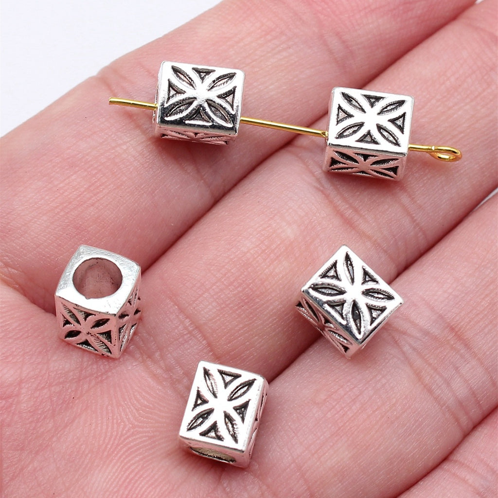 7x7x9mm 1.4g Antique Silver Zinc Alloy Square Pattern Large Hole Spacer Beads for Bracelet Making