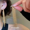 Gold Long Chain Tassel Earrings with Textured Bar Tops view 1