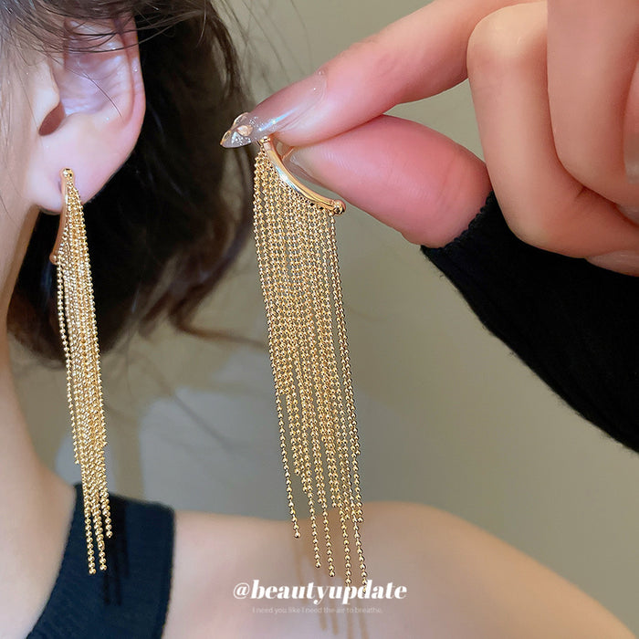 Gold Long Chain Tassel Earrings with Textured Bar Tops