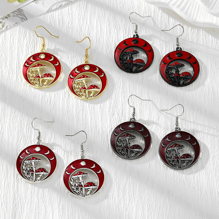 Red Moon and Mushroom Drop Earrings in Four Metal Finishes