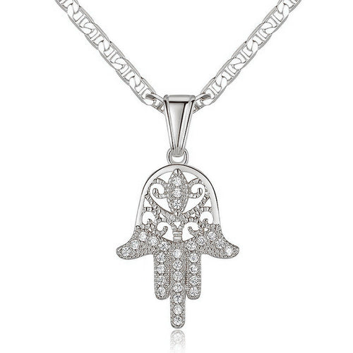 Silver Hamsa hand pendant necklace on white background