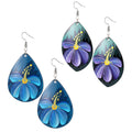 Silver Tone Blue and Purple Painted Flower Teardrop Hook Earrings view 1
