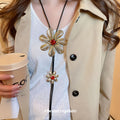 Gold Tone Flower Pendant Long Black Cord Necklace Jewelry view 3