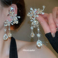 Silver Tone Floral Branch Earrings with Crystal Teardrops view 3