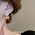 Two Tone Ruffled Flower Stud Earrings with Pearl Accent view 3