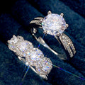 Silver Tone Round Stone and Floral Cluster Ring Set view 2