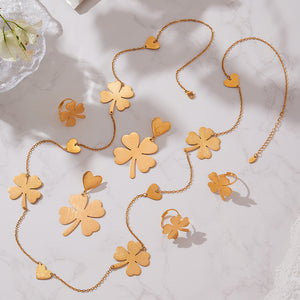 Brushed Gold Clover Heart Necklace Earrings Ring Set Pieces