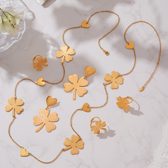Brushed Gold Clover Heart Necklace Earrings Ring Set Pieces