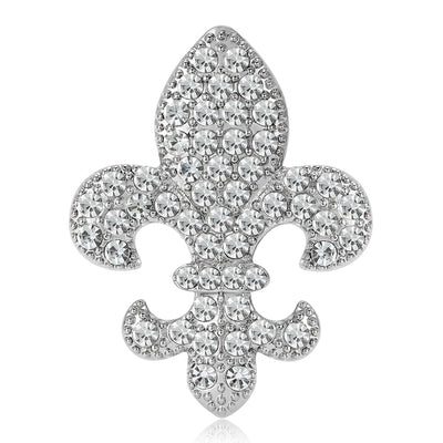 Front product view of the crystal fleur de lis brooch on a light background