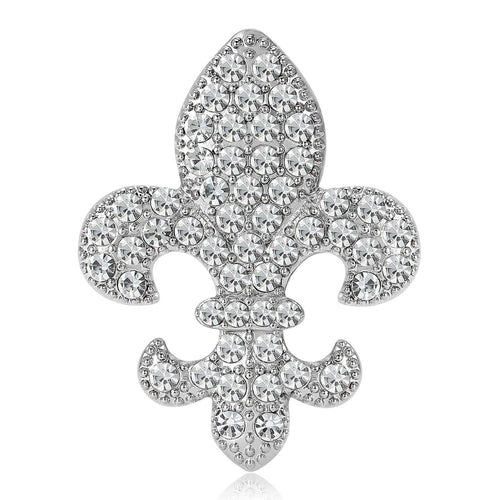 Front product view of the crystal fleur de lis brooch on a light background