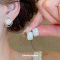 Gold Tone Framed Cat Eye Stud Earrings in Two Shapes view 2