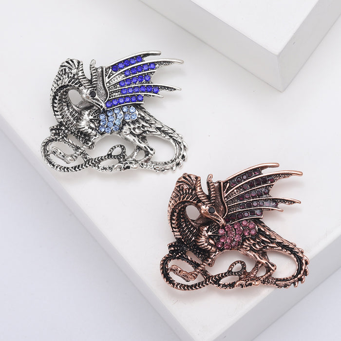 Winged Dragon Brooch With Curled Tail in Copper or Silver Tone