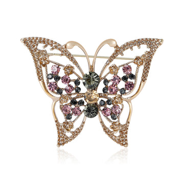 Openwork Butterfly Crystal Brooch in Antique Gold Tone