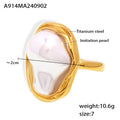 Gold Titanium Steel Irregular Imitation Pearl Ring Size 7 view 6