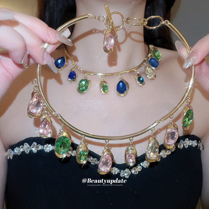 Gold Tone Collar Necklaces With Multicolor Teardrop Crystals