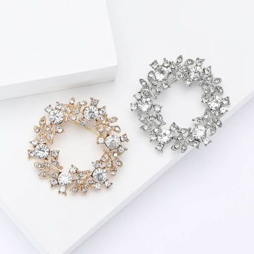 Rhinestone Leaf Wreath Circle Brooch Gold or Silver Tone
