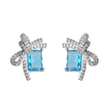 Silver-Tone Pave Bow Blue Rectangle Stone Stud Earrings view 5