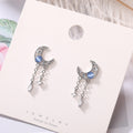 Silver Tone Crescent Moon Blue Cabochon Dual Chain Earrings view 1