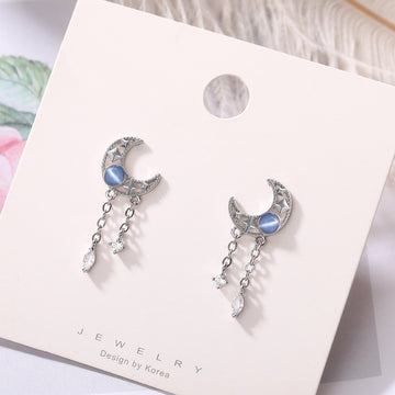 Silver Tone Crescent Moon Blue Cabochon Dual Chain Earrings