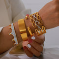 Crown Lattice Cuff Wide Bangle Bracelets Gold Steel view 1