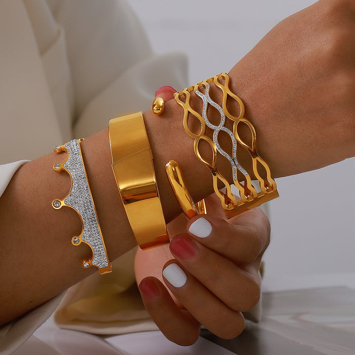 Crown Lattice Cuff Wide Bangle Bracelets Gold Steel