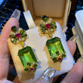 Floral Crystal Rectangle Drop Earrings in Red and Green view 7