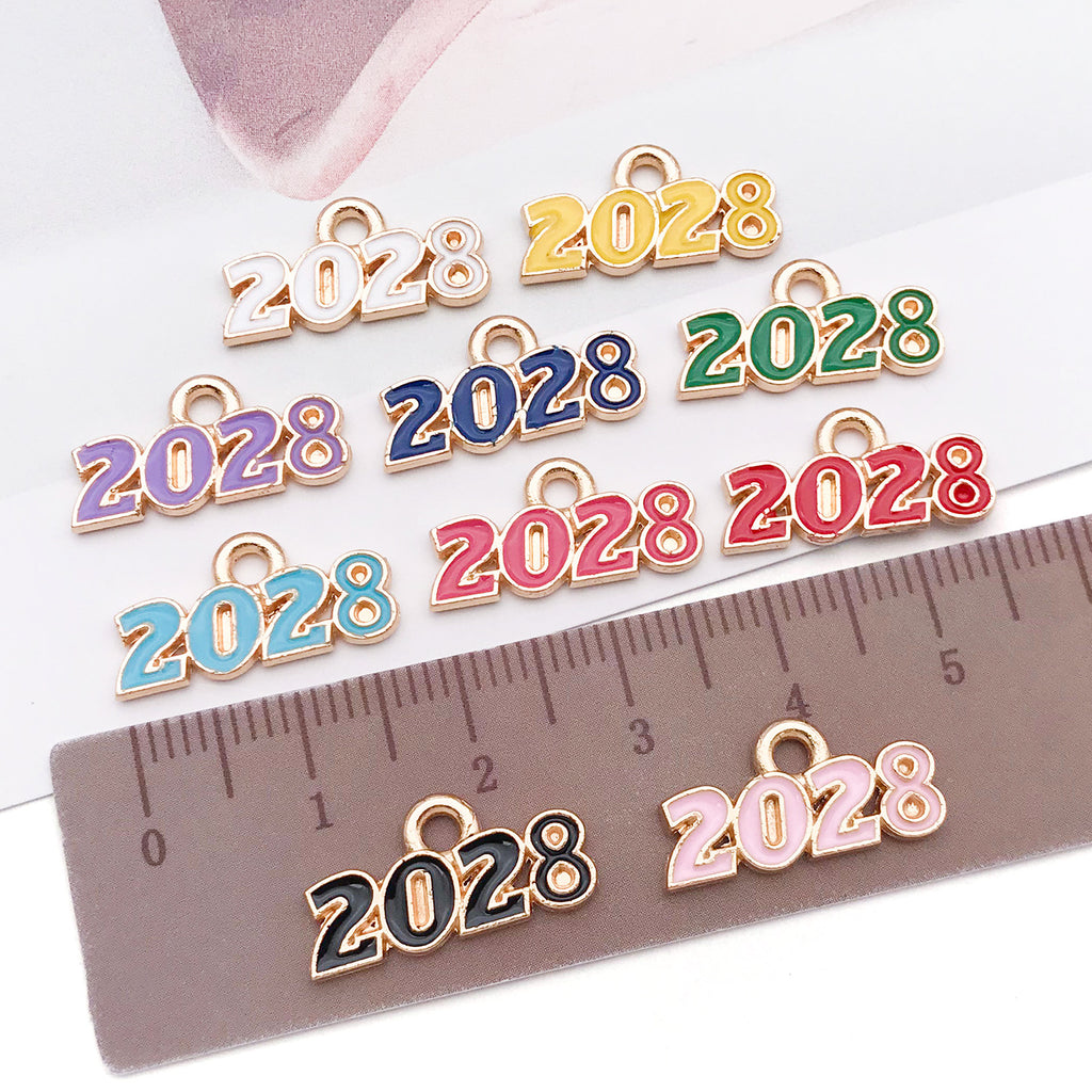 Electroplated Enamel Zinc Alloy 2028 Year Number Charm Pendant for DIY Bracelet Necklace