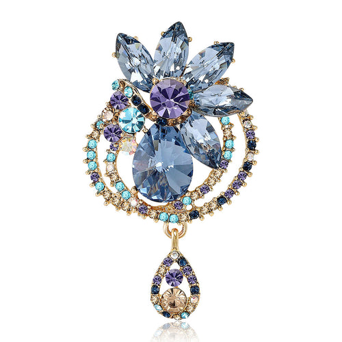 Front view of blue crystal teardrop floral brooch with dangle decorative metal pin