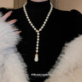 White Pearl Y Drop Necklace Teardrop Pendant Gold Accents view 3