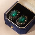Green Faceted Oval Stone Antique Gold Tone Stud Earrings view 4