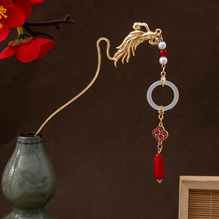 Gold Phoenix Hair Stick Pin Jade Ring Red Bead Tassel Charm