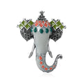 Enamel Elephant Head Brooch Green Gray Antique Silver Pin view 1