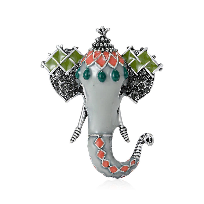 Enamel Elephant Head Brooch Green Gray Antique Silver Pin