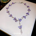 Purple Crystal Butterfly Y Necklace Silver Teardrop Drop view 2