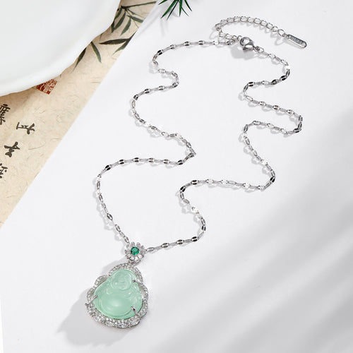 Mint green laughing Buddha necklace showing full silver chain and clasp